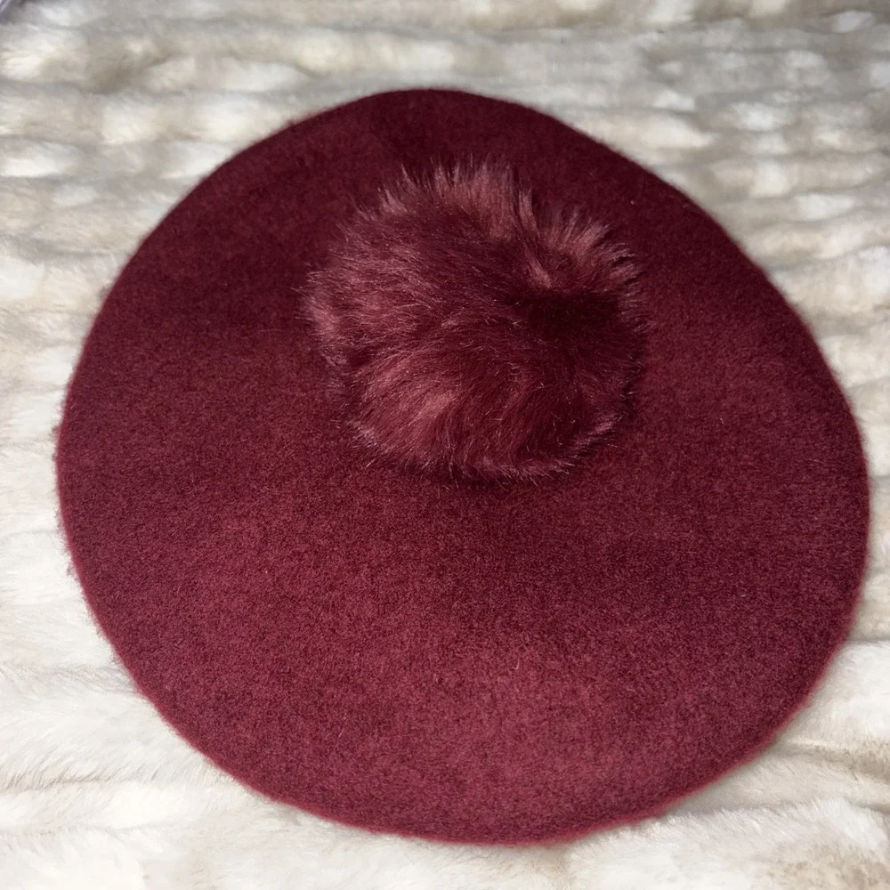 100% Wool Artist Beret Soft Fur Pom Pom Hat Casual Burgundy Beanie French Style